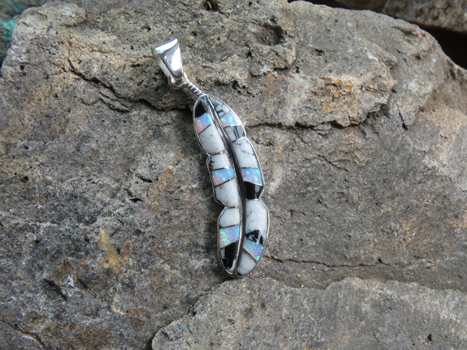 Buffalo Turquoise Black White Gemstone Opal Sterling Silver Feather Pendant BF75