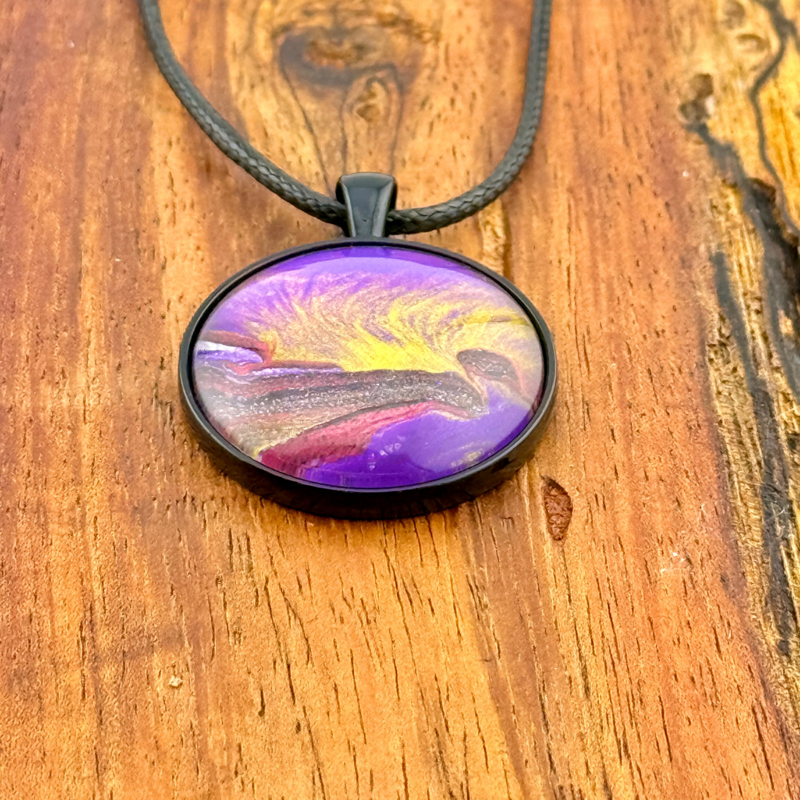Pendant Necklace Handmade “Sunrise Sky” Black Bezel & Tray 30mm Black Cord