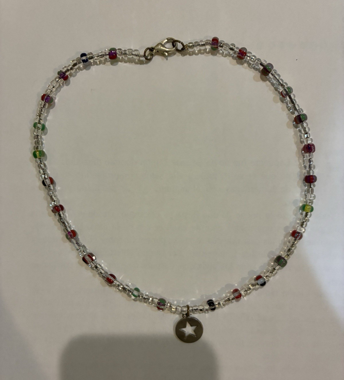 Multicolor Beaded necklace Star Charm, Silver Tone Lobster Clasp 8.5 in