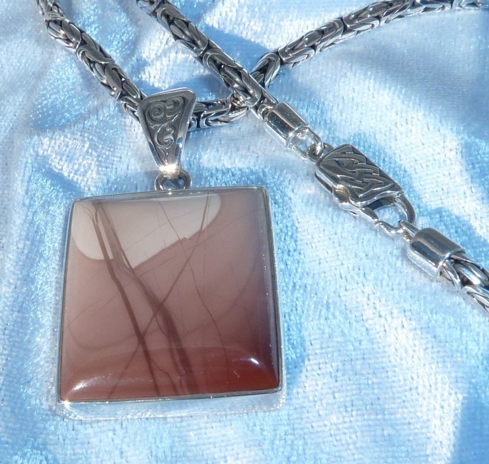 Vintage Sterling Pendant 24mm Imperial Jasper, 18″Java Chain, Konder #232