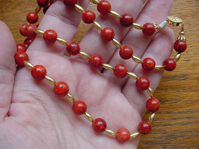 v42-5) rust Red coral Beads gem with rice brass beaded 21″ long Necklace JEWELRY