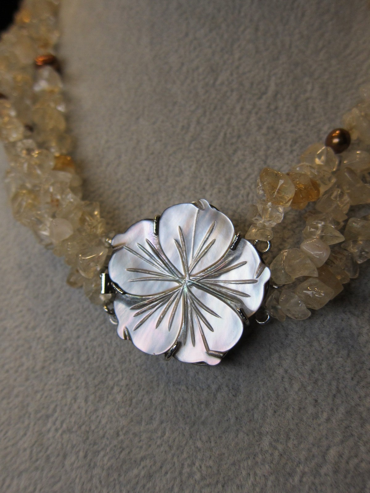 Beautiful layered quartz citrine coppery pearl necklace carved abalone flower