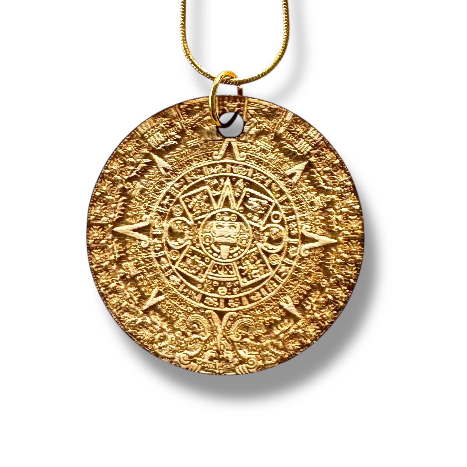 Necklace – Mayan Calendar with Bronze, Silver, or Gold chain – Birch Wood