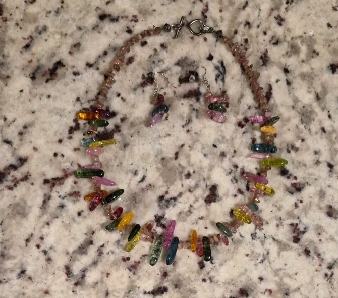 Rainbow Quartz Polished Icicle Point Necklace & Ear Rings Toggle Clasp Silver NL