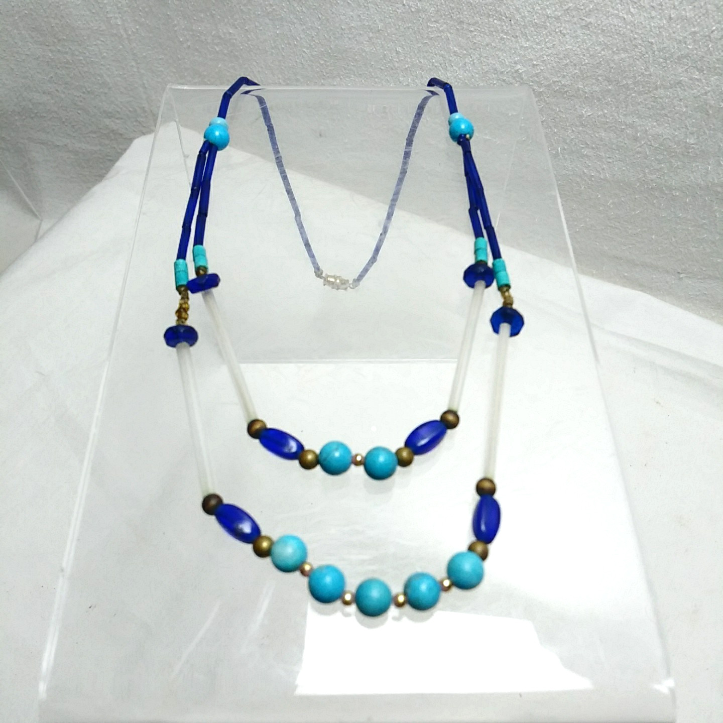 Handmade 2 Teir Necklace Blue Glass Beads 18” Turquoise Navy White Tube Bead