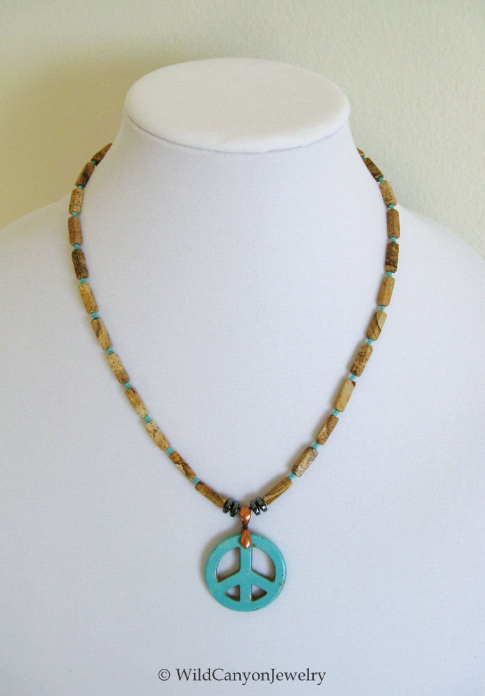 *Handmade* Turquoise Magnesite Peace Pendant Necklace with desert jasper beads