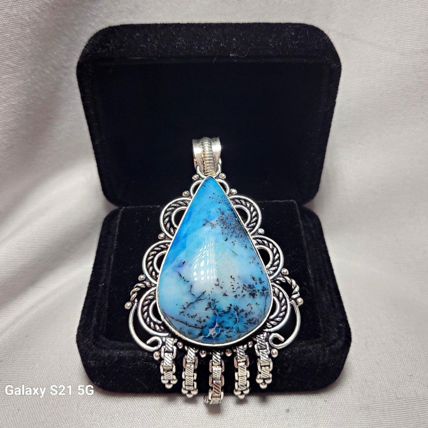 Sterling Silver 925 Dendritic Chalcedony Teardrop Pendant Handmade