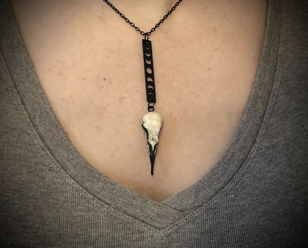 Lunar Phase Moon Phase Raven Skull Necklace – Moon Jewelry Crescent Moon Charm
