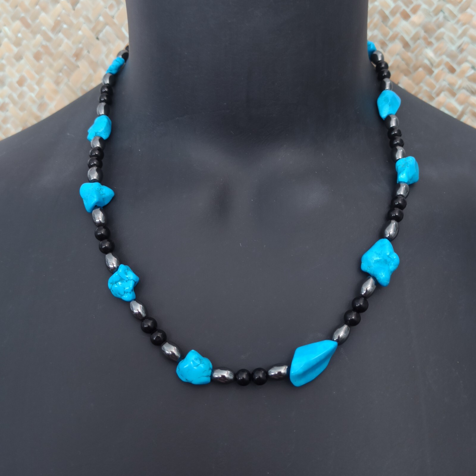 Bohemian Necklace Men Women Natural Turquoise Chunky OOAK Black Onyx Gift VTG