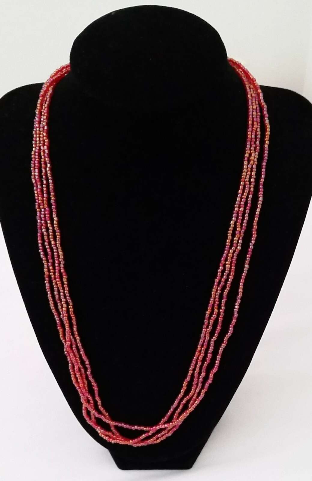 Handmade Necklace GLASS BEADS IRIDESCENT RED Tone 23 inch 4 Strands Adjustable