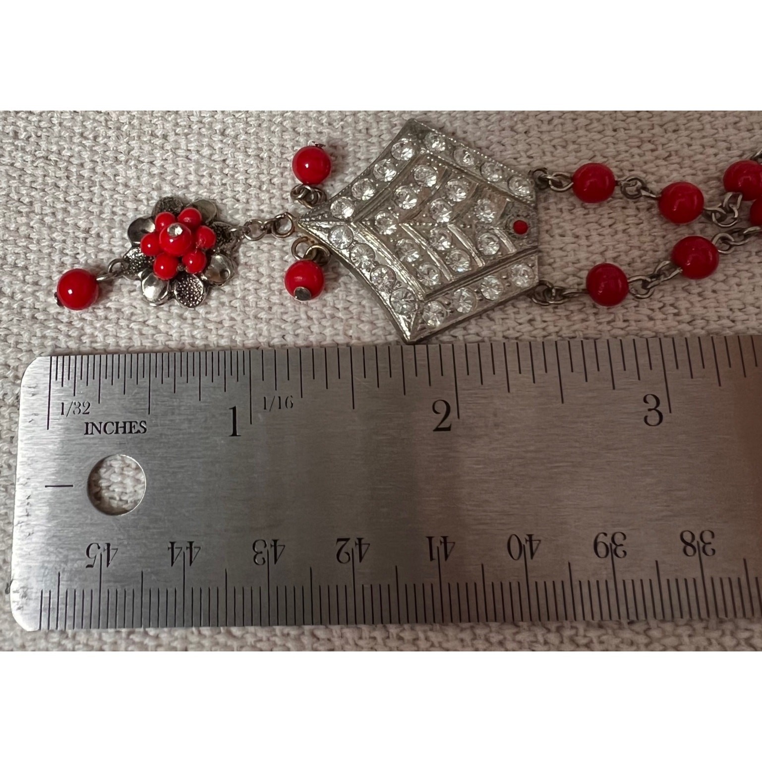 Artisan Vintage Dress Clip Necklace Deco Style Cherry Red Rhinestone