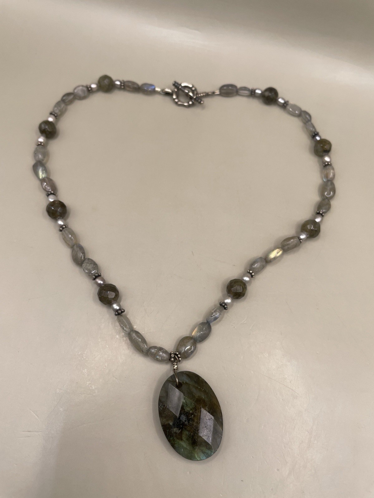 Sterling Silver 925 Labradorite Pearls Mexico 16.5” Pendant Beaded Necklace