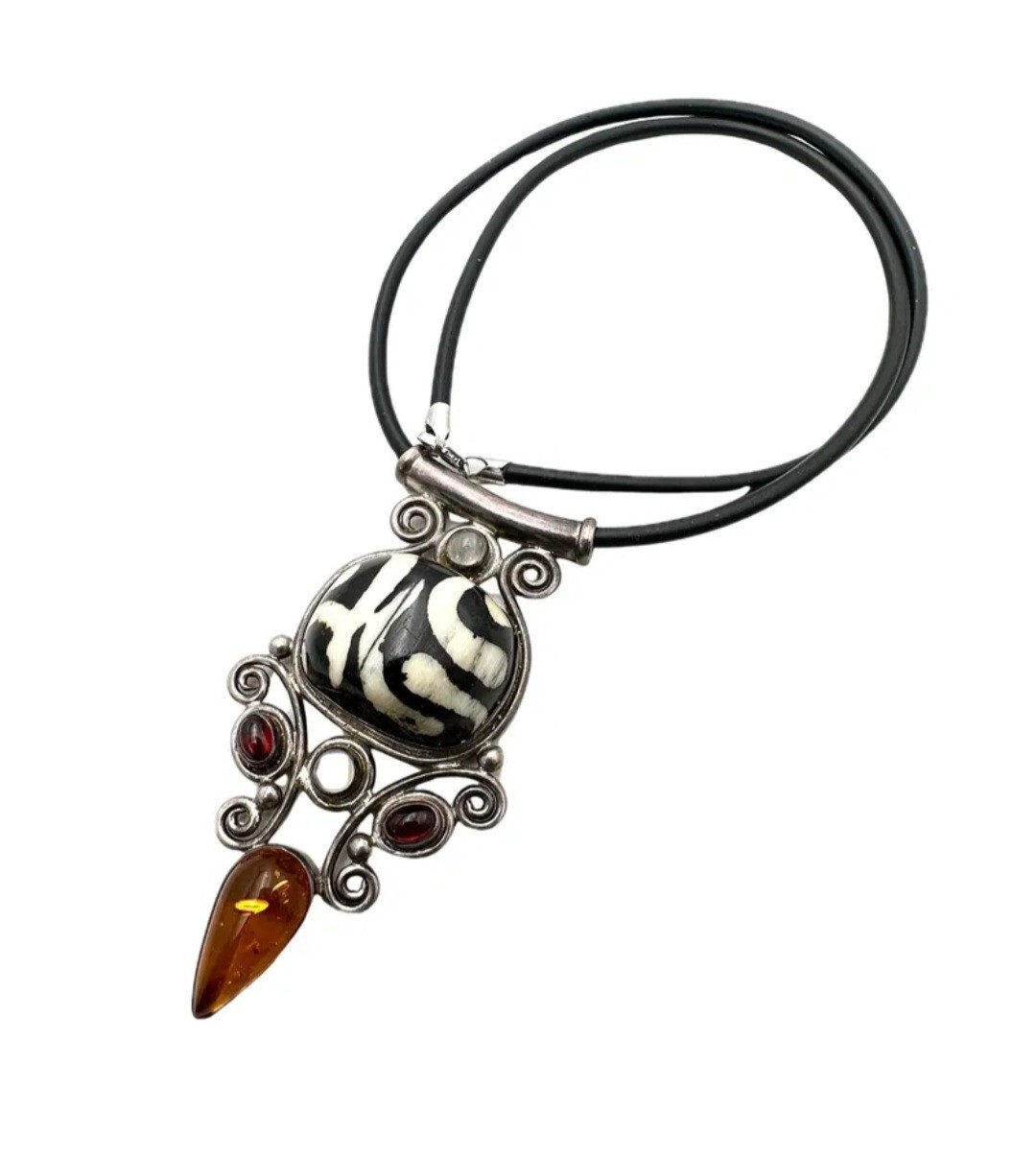 SAJEN Mud Stone Bead Amber Gemstone 925 Sterling Silver Pendant Necklace
