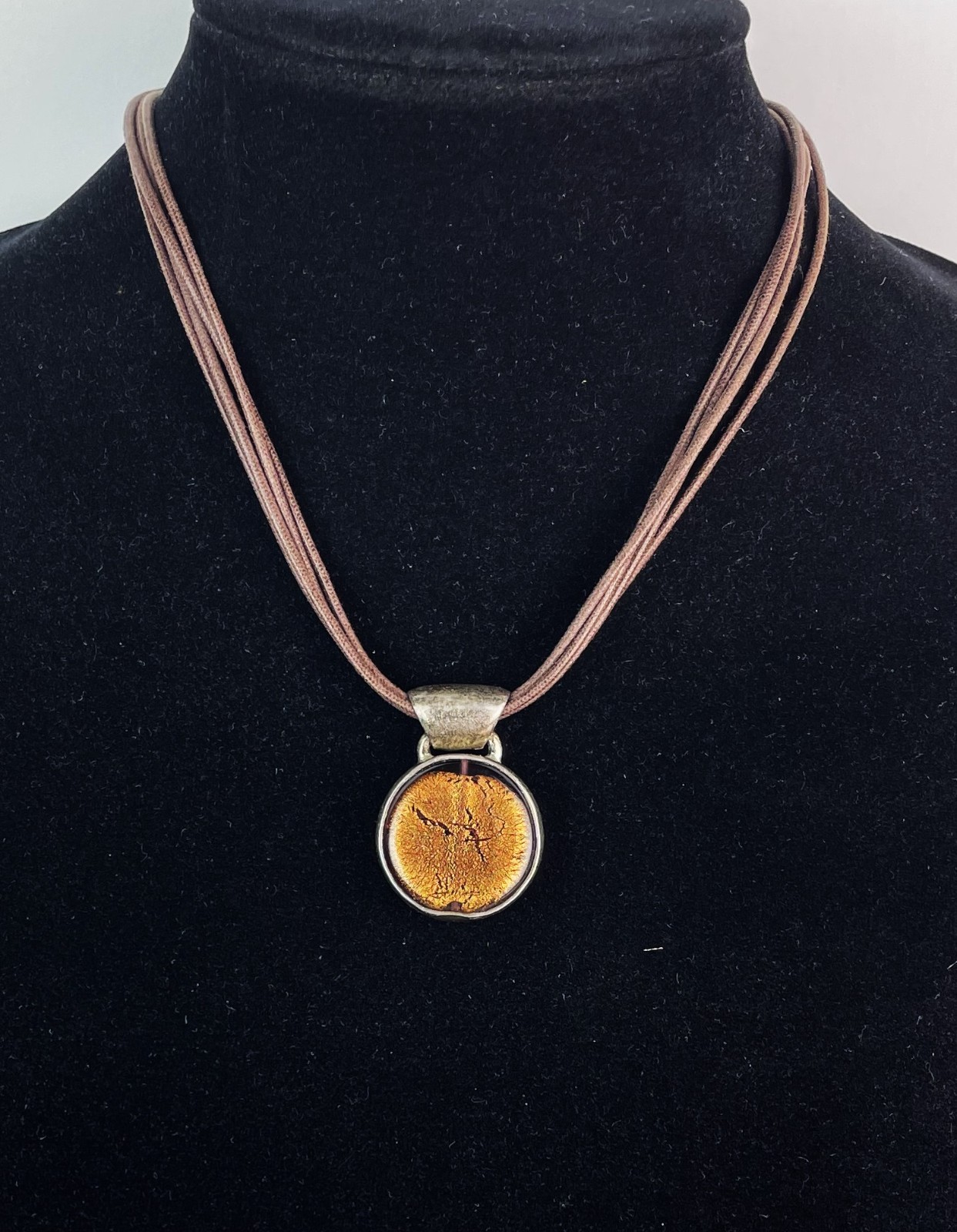 STERLING SILVER 925 Artisan Copper Color Art Glass Pendant Necklace 17.25″