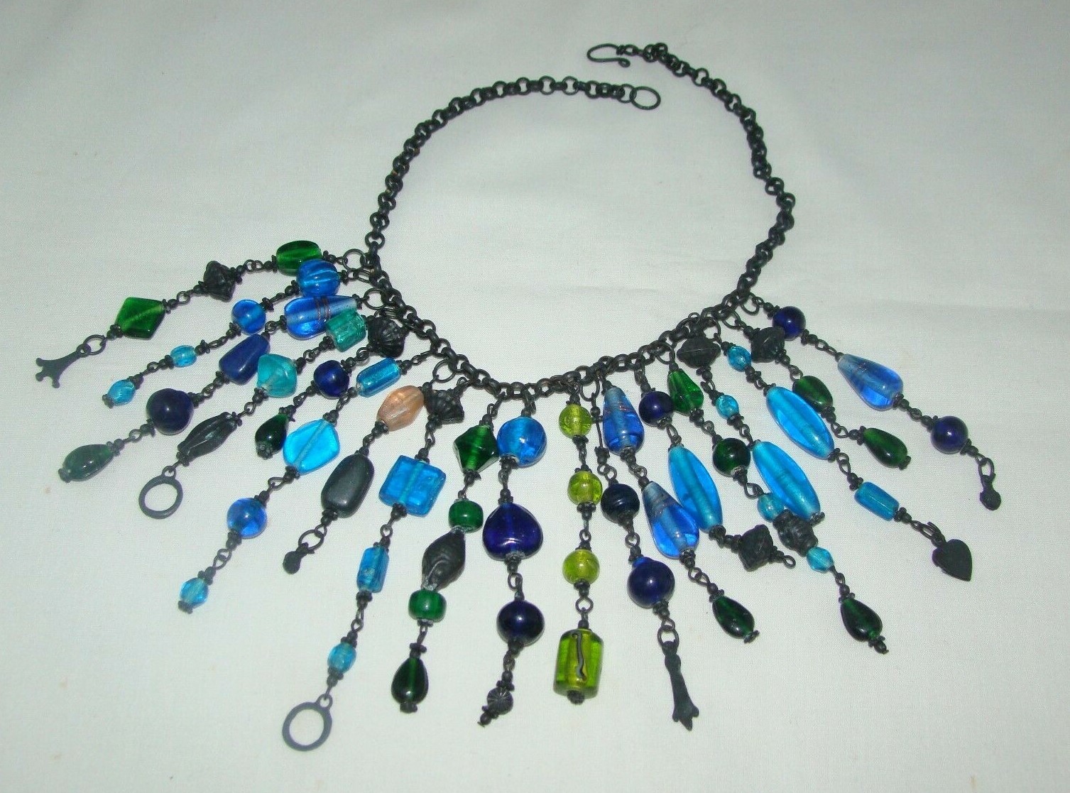 Vintage Ethnic Tribal Etruscan Blue Green Glass Dangle Beads Bib Necklace 15″