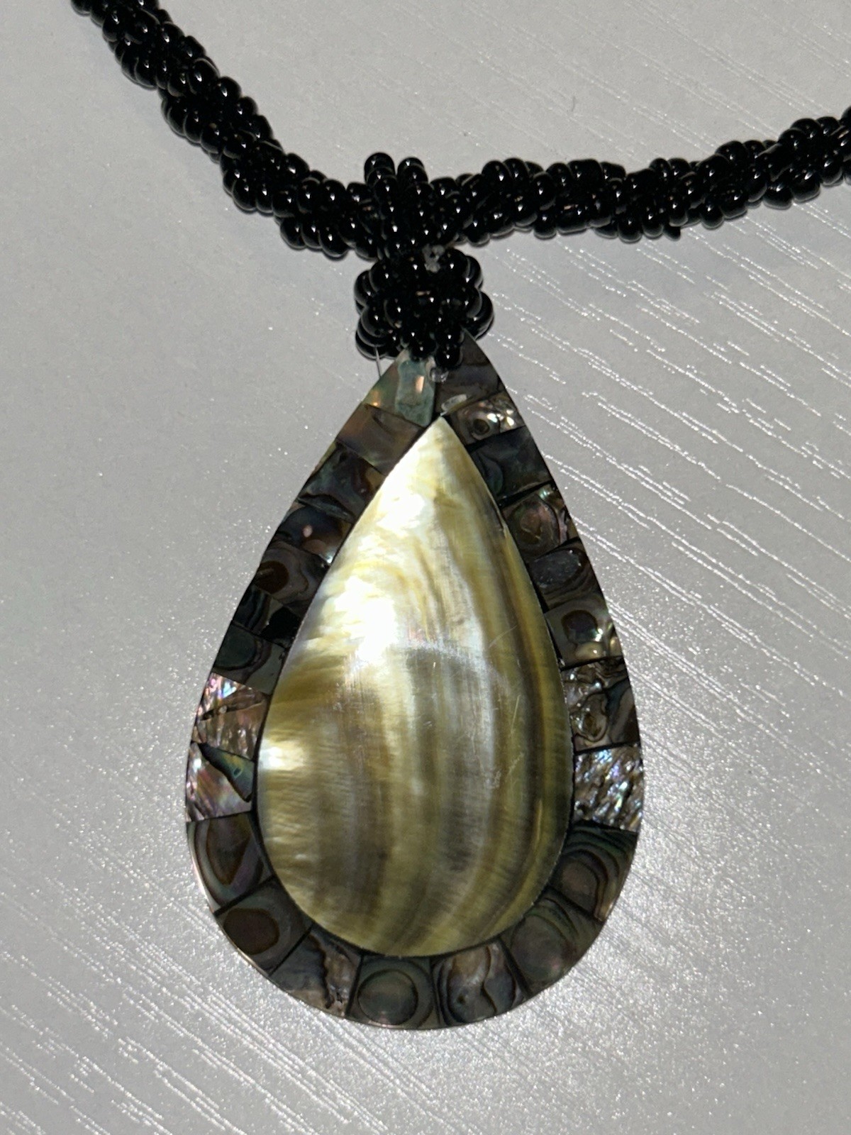 Handmade Abalone Shell Pendant Necklace Black Bead Boho Statement 24”