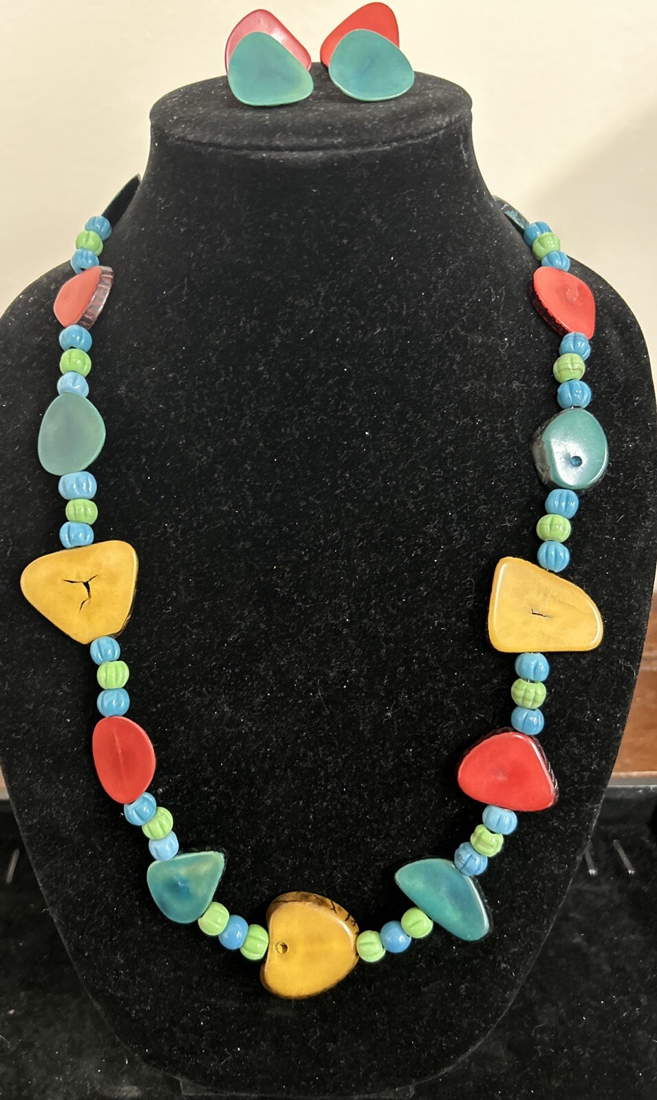 Tagua Nut Necklace Set, 2 Earrings, Multicolor, Artisan Handmade In Ecuador