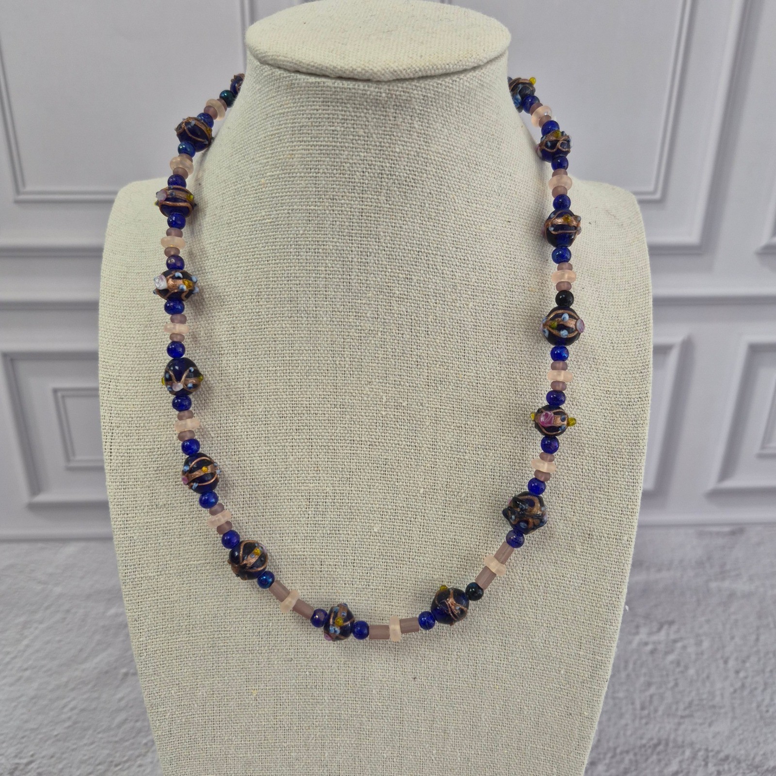 Artisan Lampwork Glass Beaded Necklace Blue Pink Copper Aventurine 16 Inch