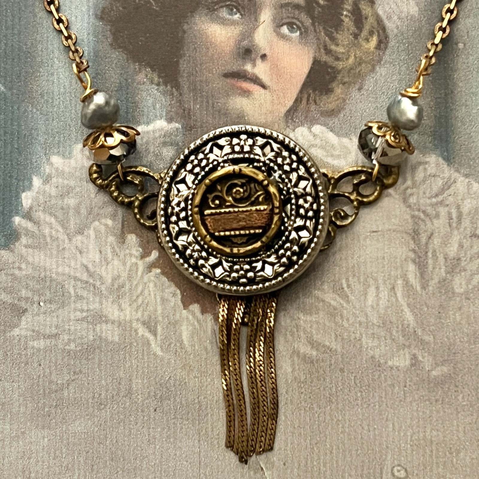 Delicate Antique Victorian Button Necklace, Freshwater Pearls, Antique Gold Gray