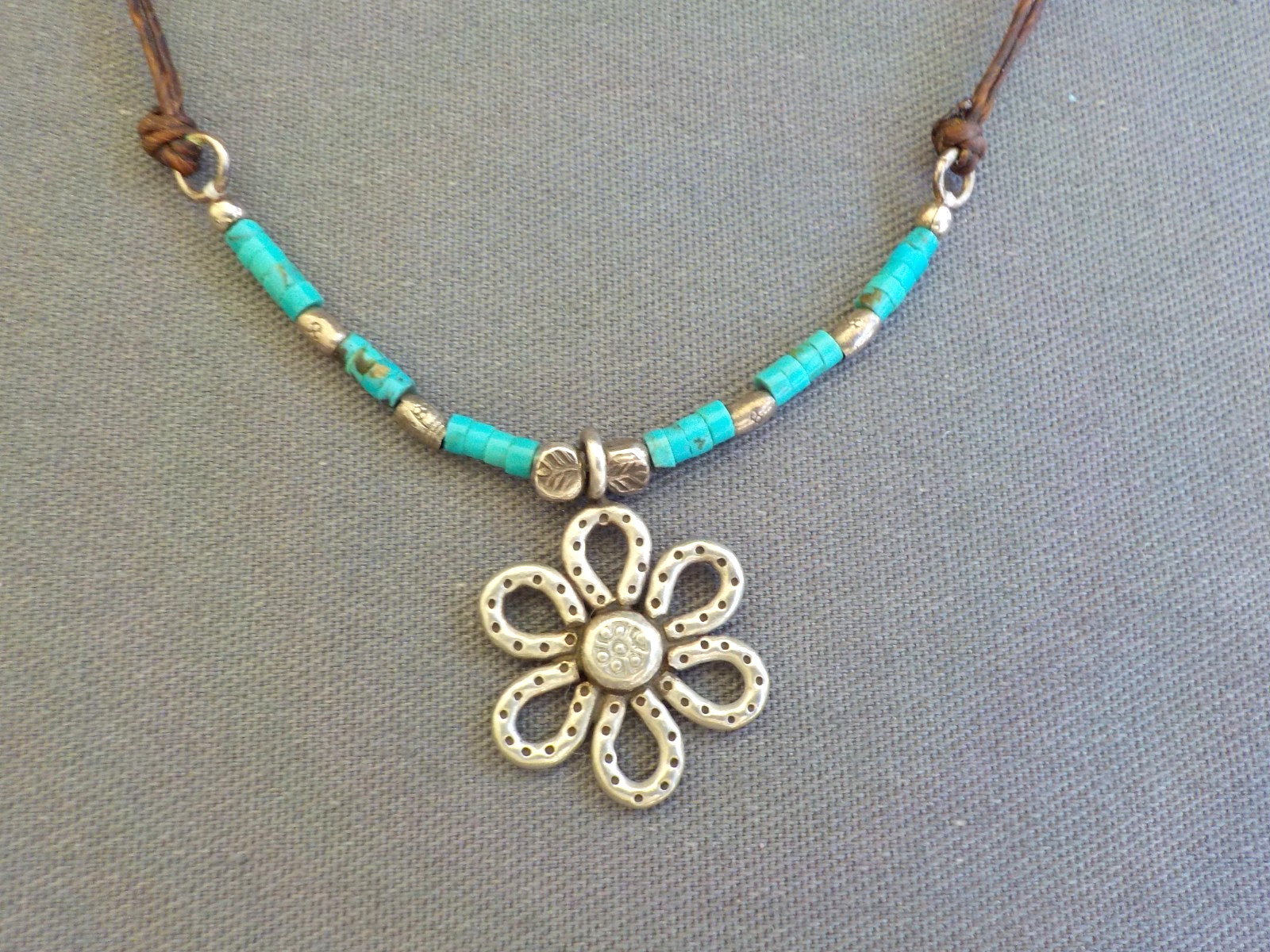 Flower Sterling Silver Necklace Turquoise 925 Marked Test Cord 16″ Long