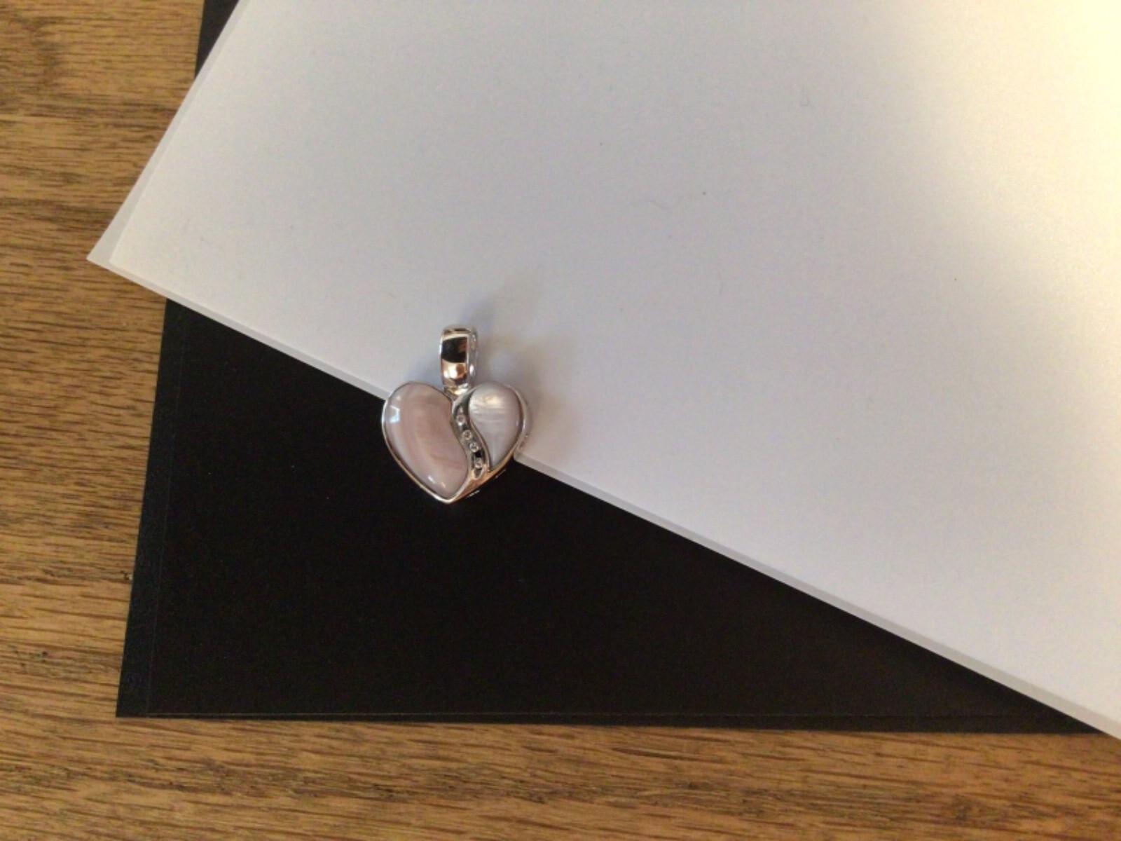 Pale Pink Mother of Pearl Shell Heart Cutout Pendant with Crystal Sterling .925