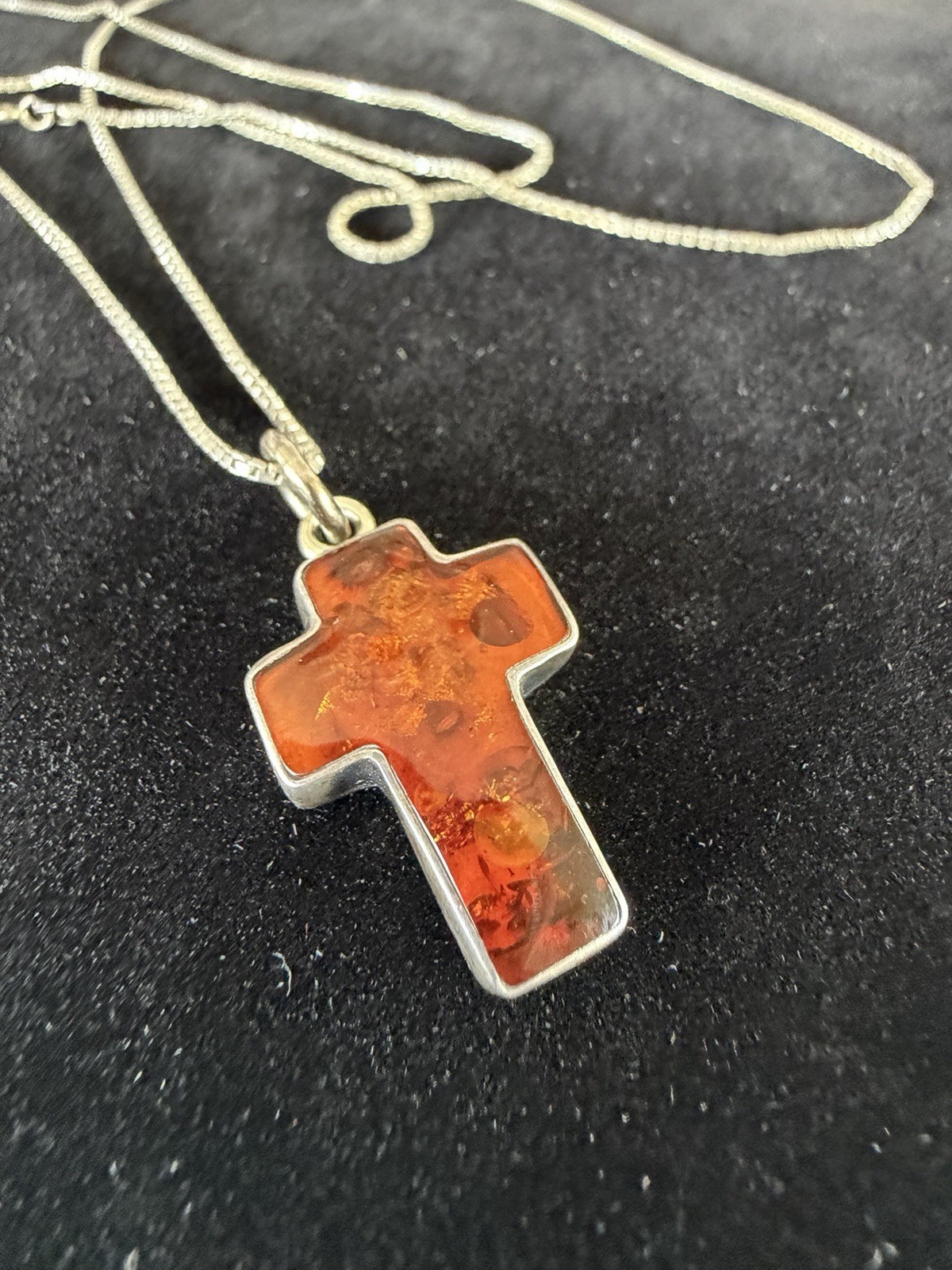 Sterling Silver 925 Amber Cross Pendant Box Chain 26” Necklace Cognac Color