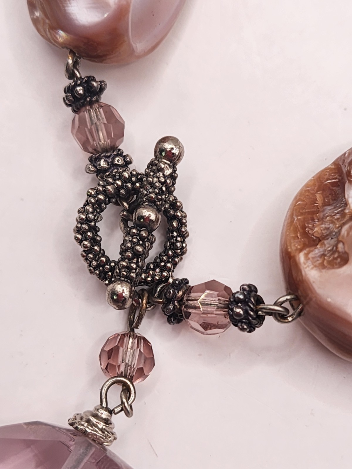 Vintage Artisan Crafted Large MOP Shell With Pink Fauceted Crystal Pendant