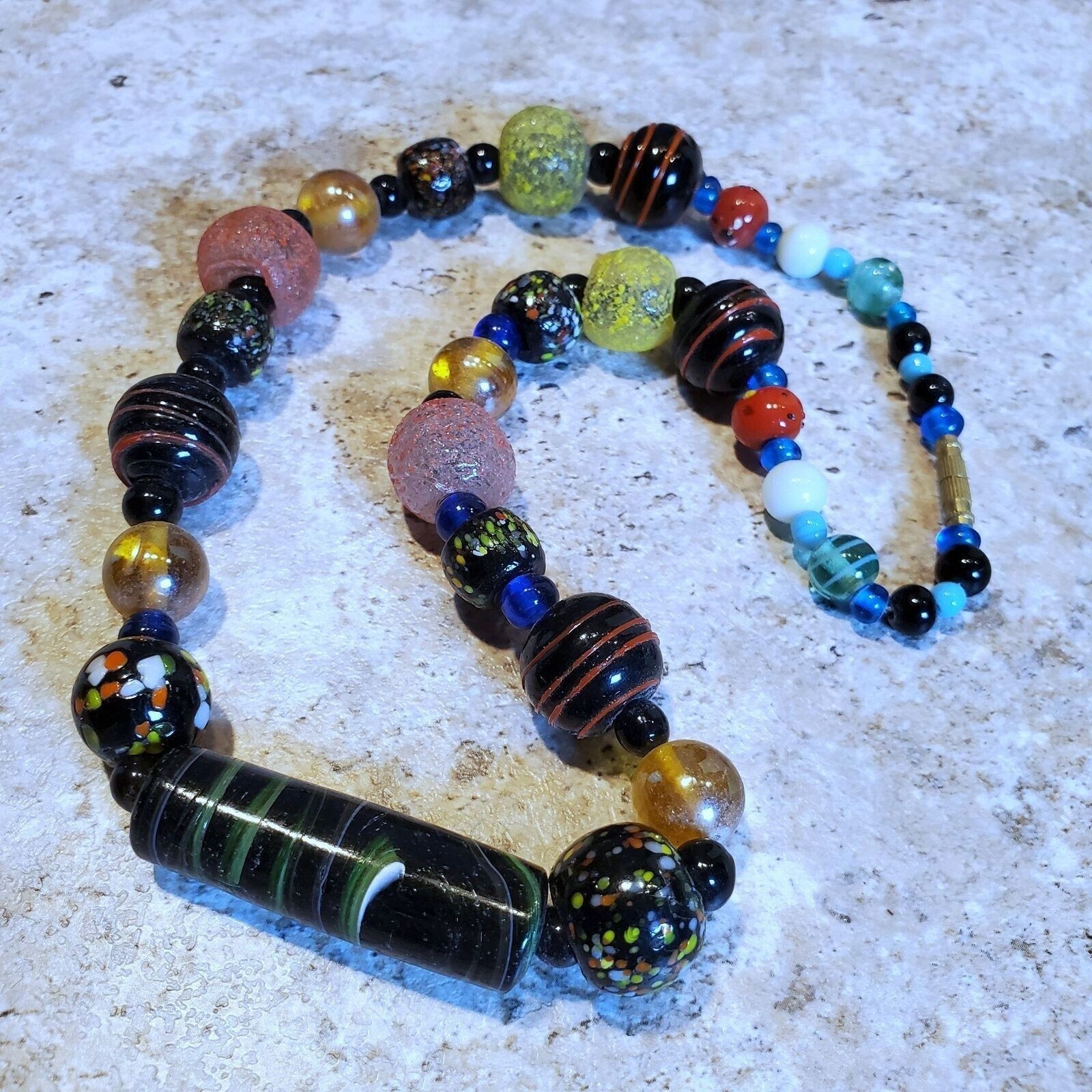 India Artisan Vintage 90s India Artisan Glass Beads Black Multi Necklace OOAK St