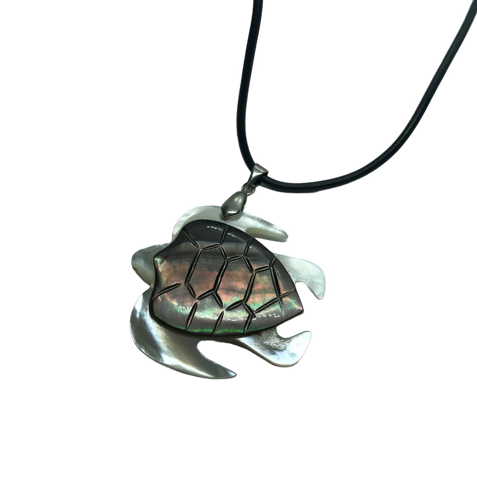Vintage Carved Mother of Pearl Sea Turtle 18KGP Pendant with corded Necklace