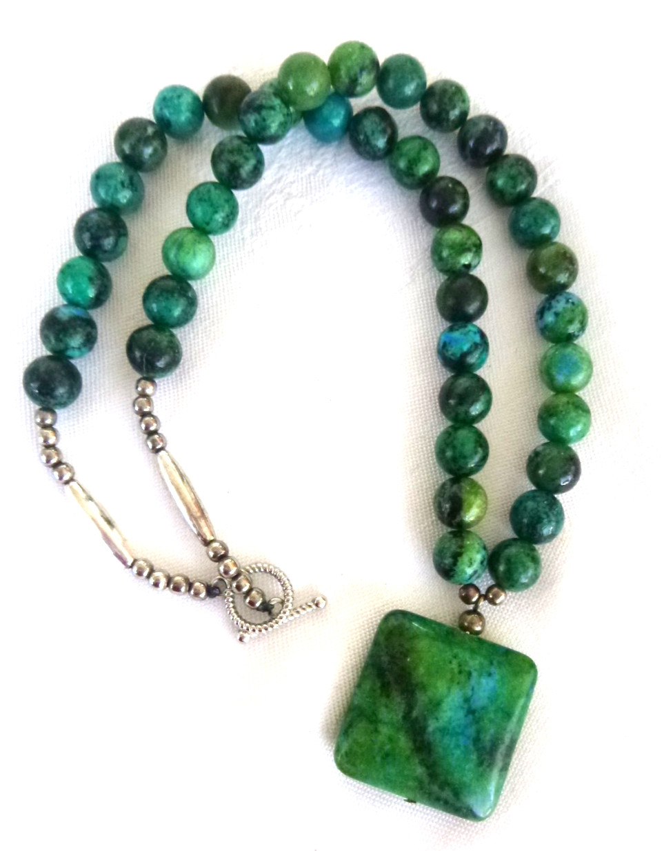 Artisan Azurite Beads & Pendant 20″ Necklace Silver Plated Toggle Clasp