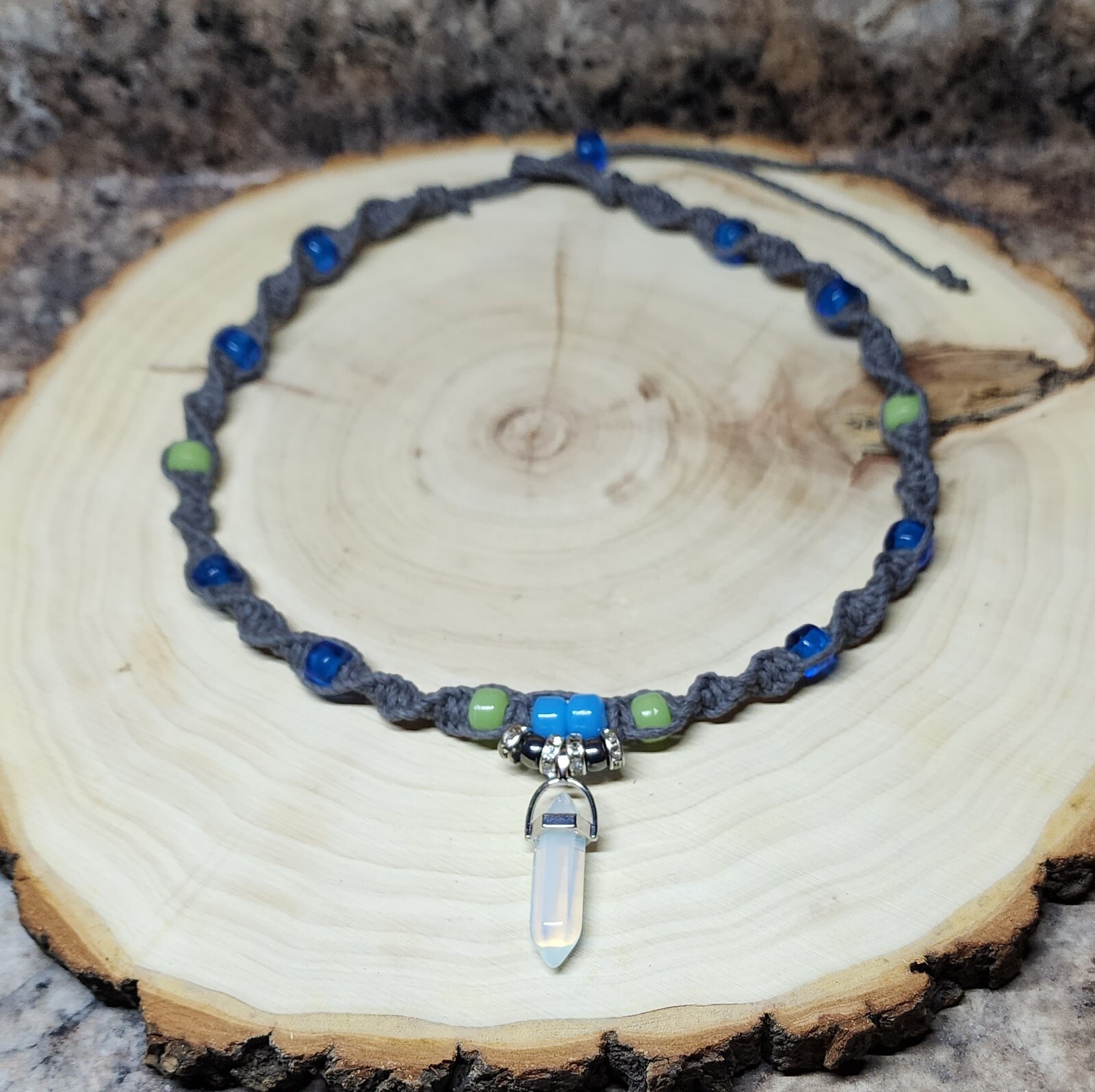 Handmade Adjustable Hemp Necklace / Choker with Crystal Pendant and Glass Beads