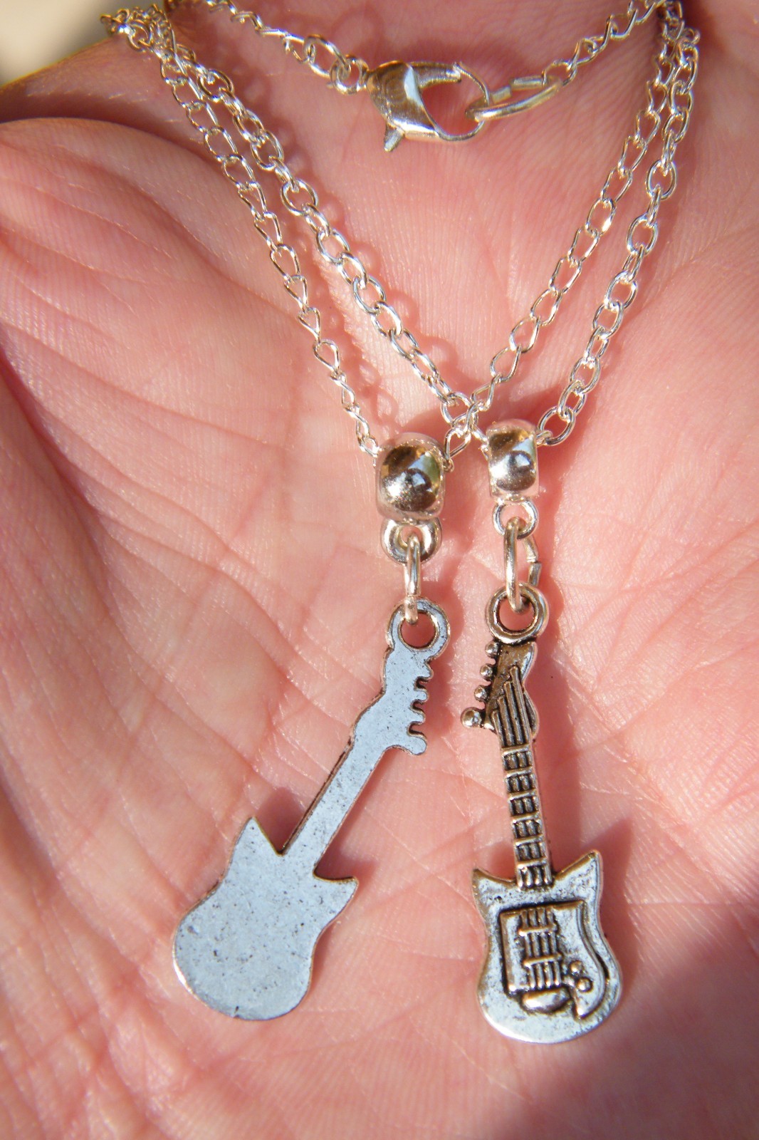 Lot of 4 GUITAR Necklaces ROCK and ROLL Silver BASS Charms 19″-20″ Silver Chains