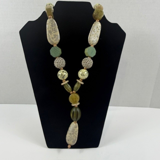 Zain Green Earthy Tone Beaded Statement Necklace Lobster Clasp Extender