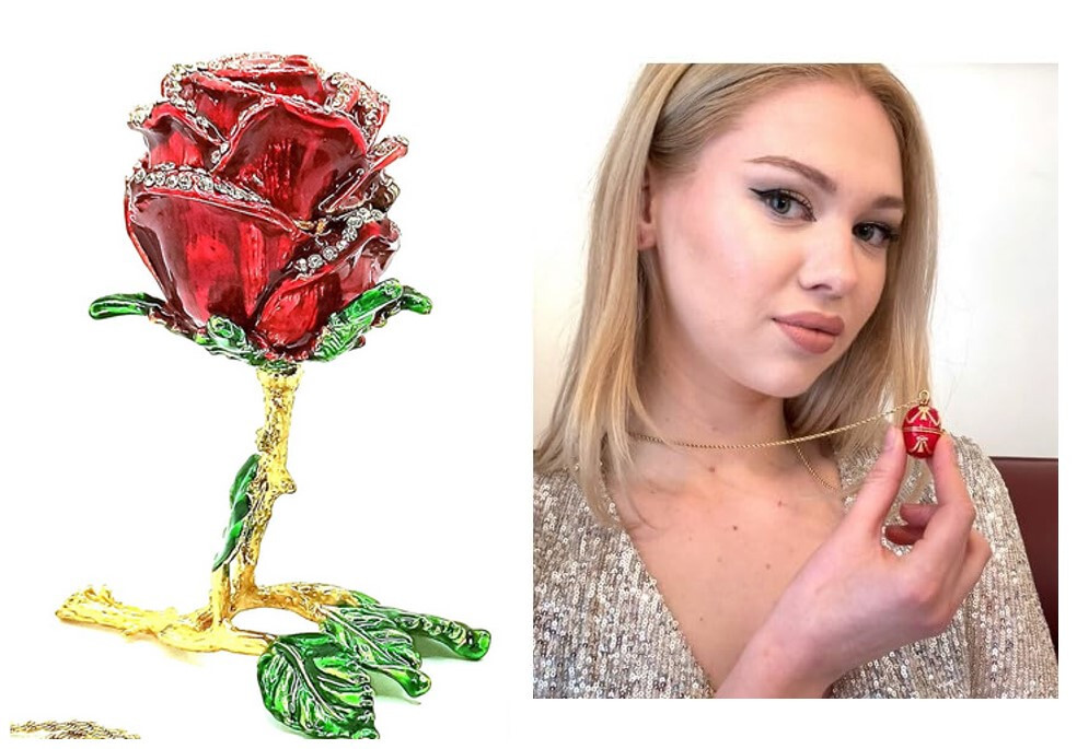 Deco Pure Gold Rose Trinket & Red Faberge egg Pendant jewelry Valentines day