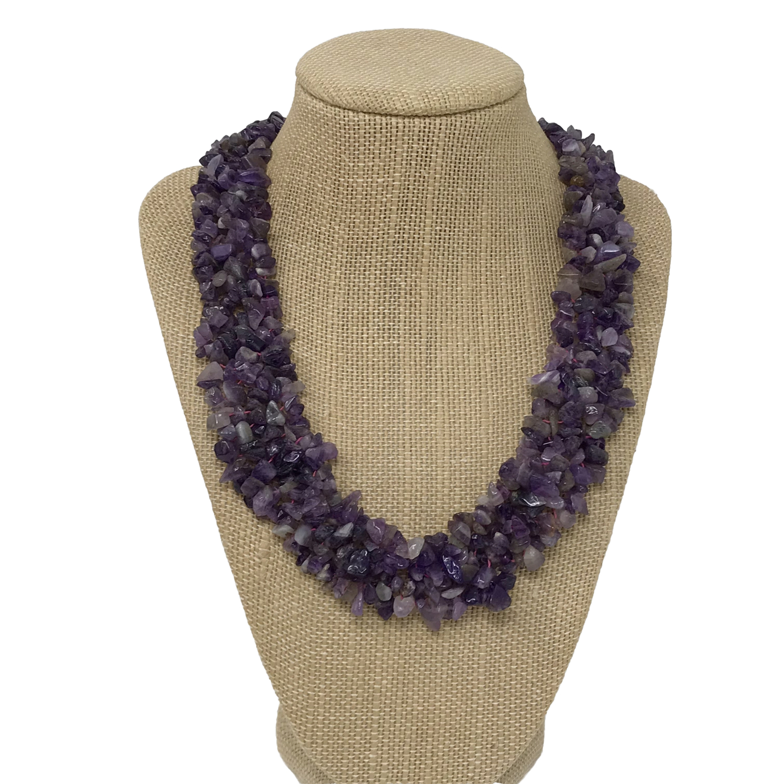 Beaded Chunky Purple Amethyst Stone Collar Necklace Silver Tone Toggle Clasp 18″