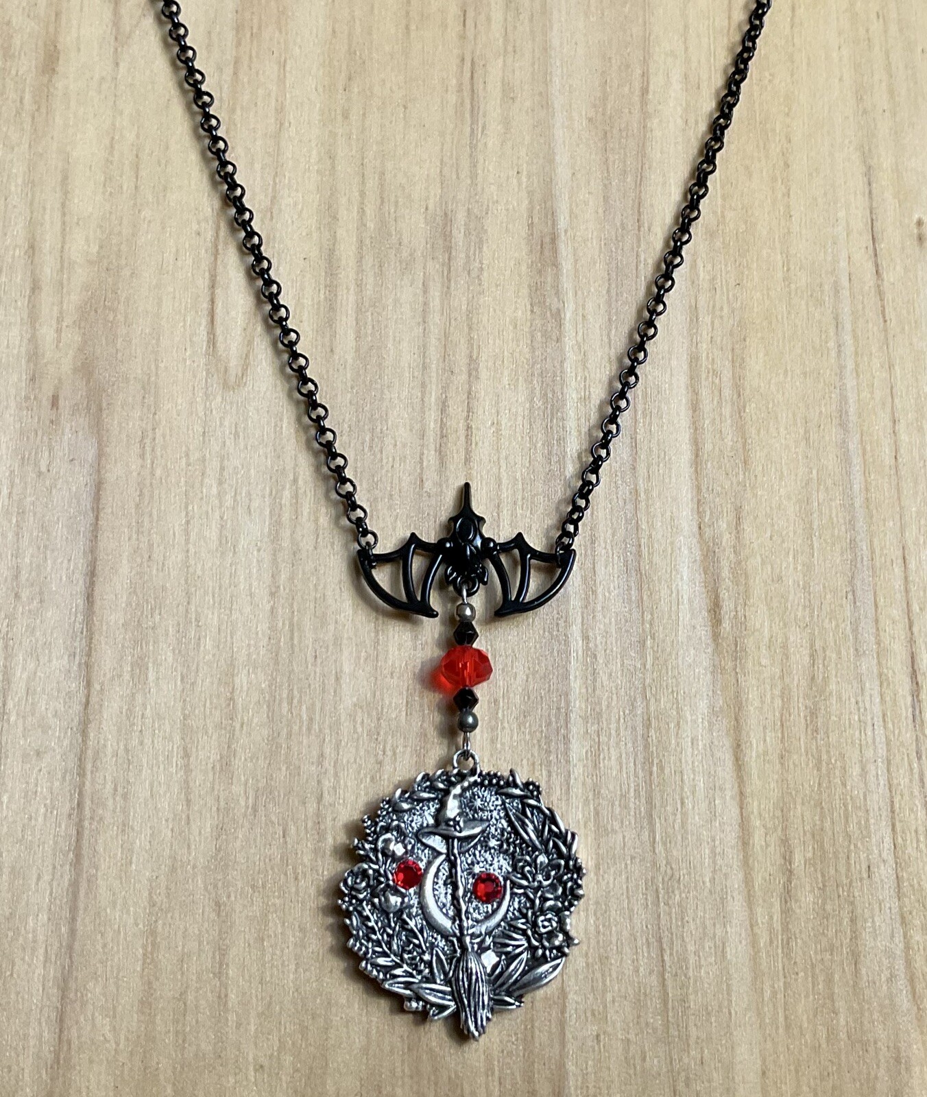 Witch Necklace- Gothic, Halloween, Moon, Broom, Witch Hat, 24” Chain, Crystals