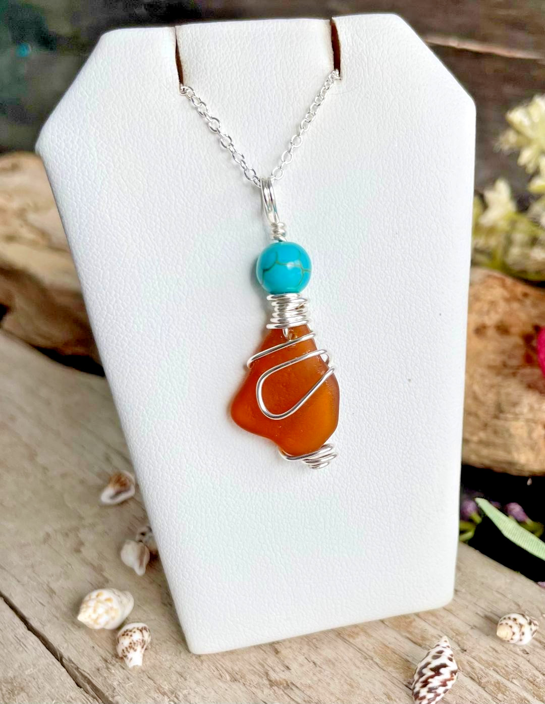 Amber Brown Sea Glass Necklace 18″ Sterling Plated, Wire Wrapped, Turquoise Bead