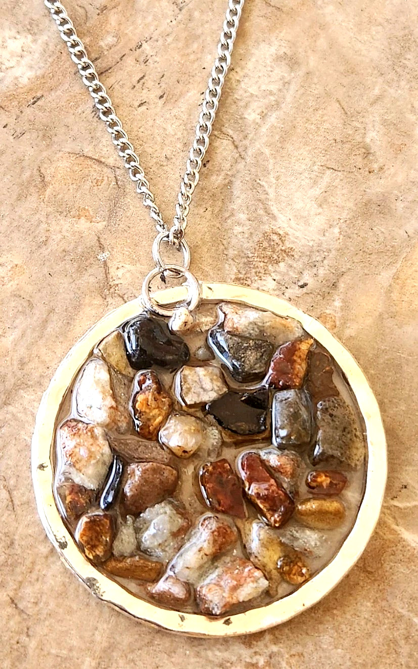 Artisan Natural River Stones Necklace Resin Pendant Framed Ancient Utah Rocks