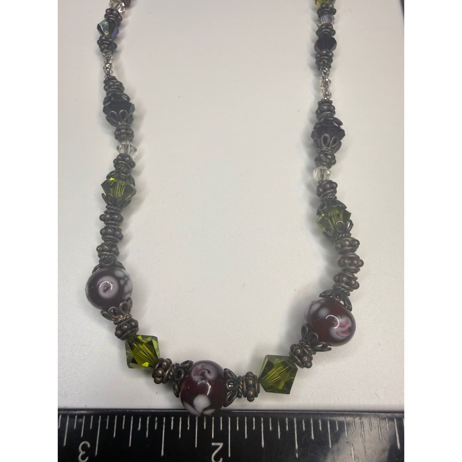 Handmade Lampwork Glass Beaded Necklace Plum Green Silver Tone Toggle Clasp 18″