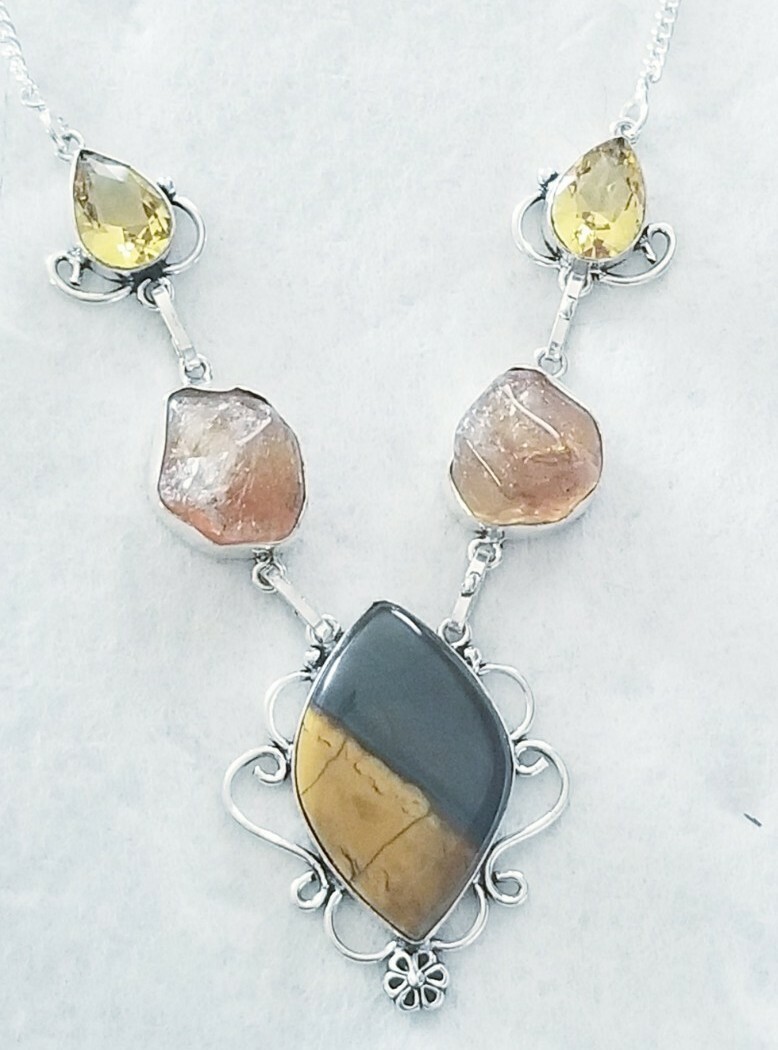 23244. Mookaite, Citrine, Rough Citrine 18″ Handmade 925 Silver Ethnic Necklace