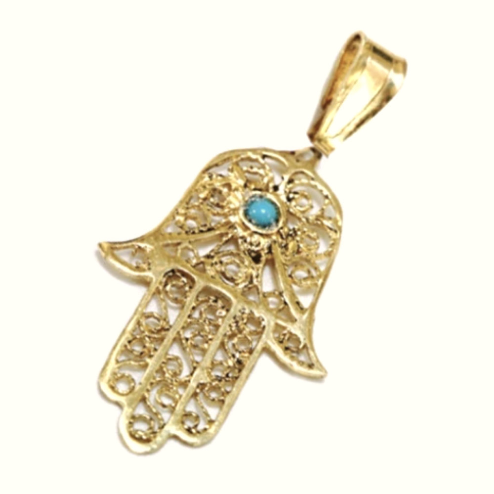 Blue Turquoise Filigree Hamsa Pendant 14k Yellow Gold Protection Charm Jewelry