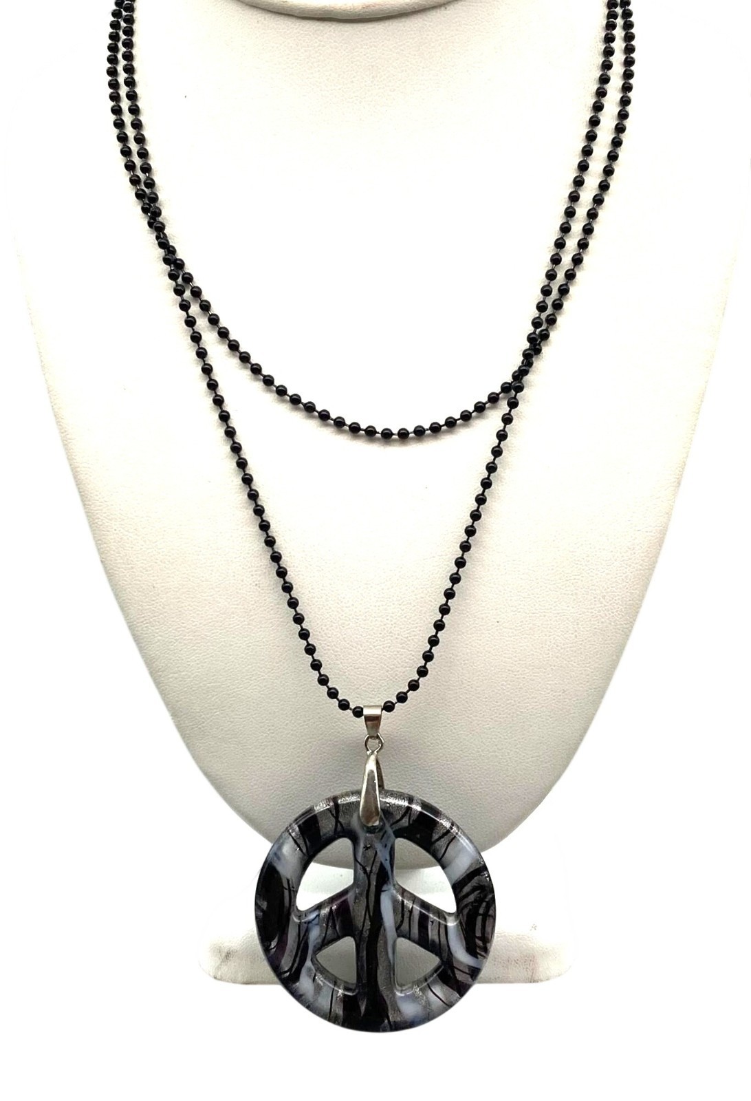 Dichroic Art Glass Peace Sign Pendant, Black White and Silver Swirl on Black Bea