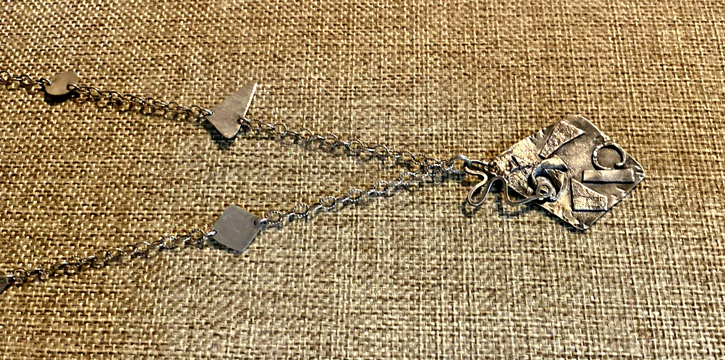 Unique Artisan Sterling Silver Brutalist Abstract Pendant & Chain Necklace 20″