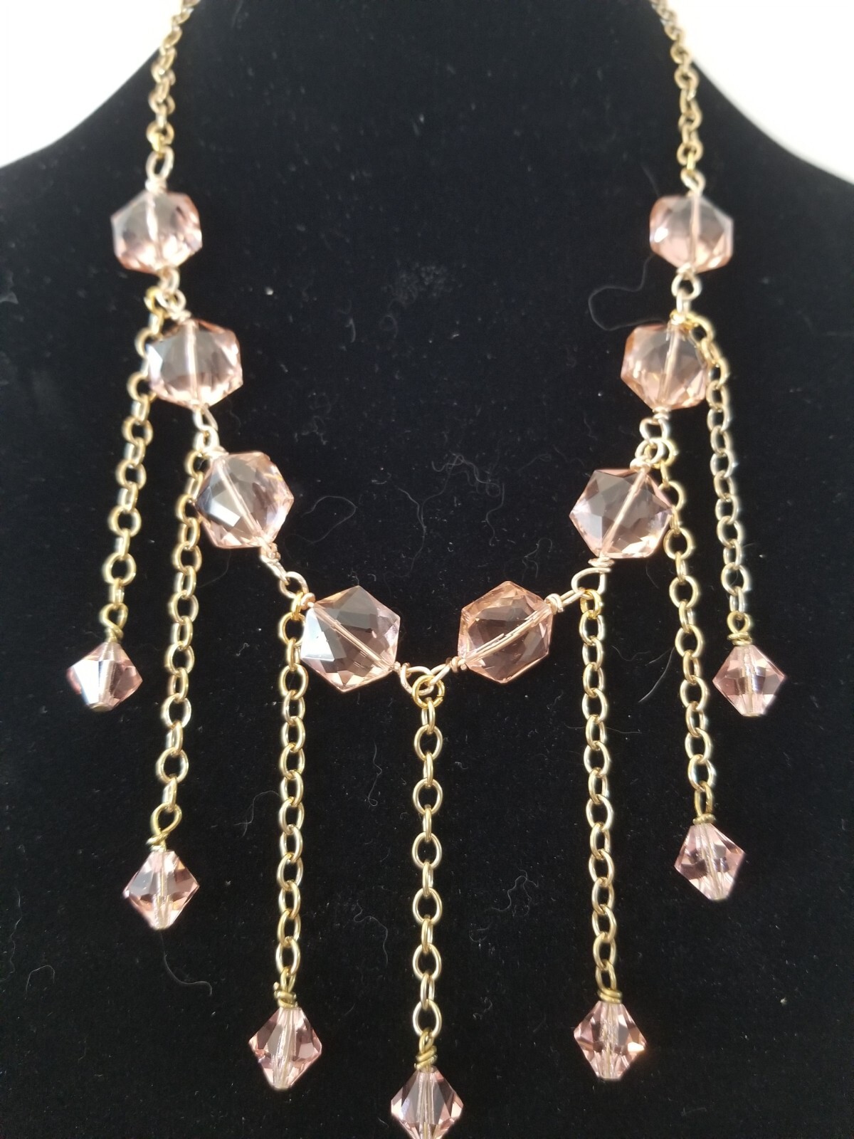 WICKED PINK SET faceted VTG beads and dangling Brass Vtg. chains springr. clasp