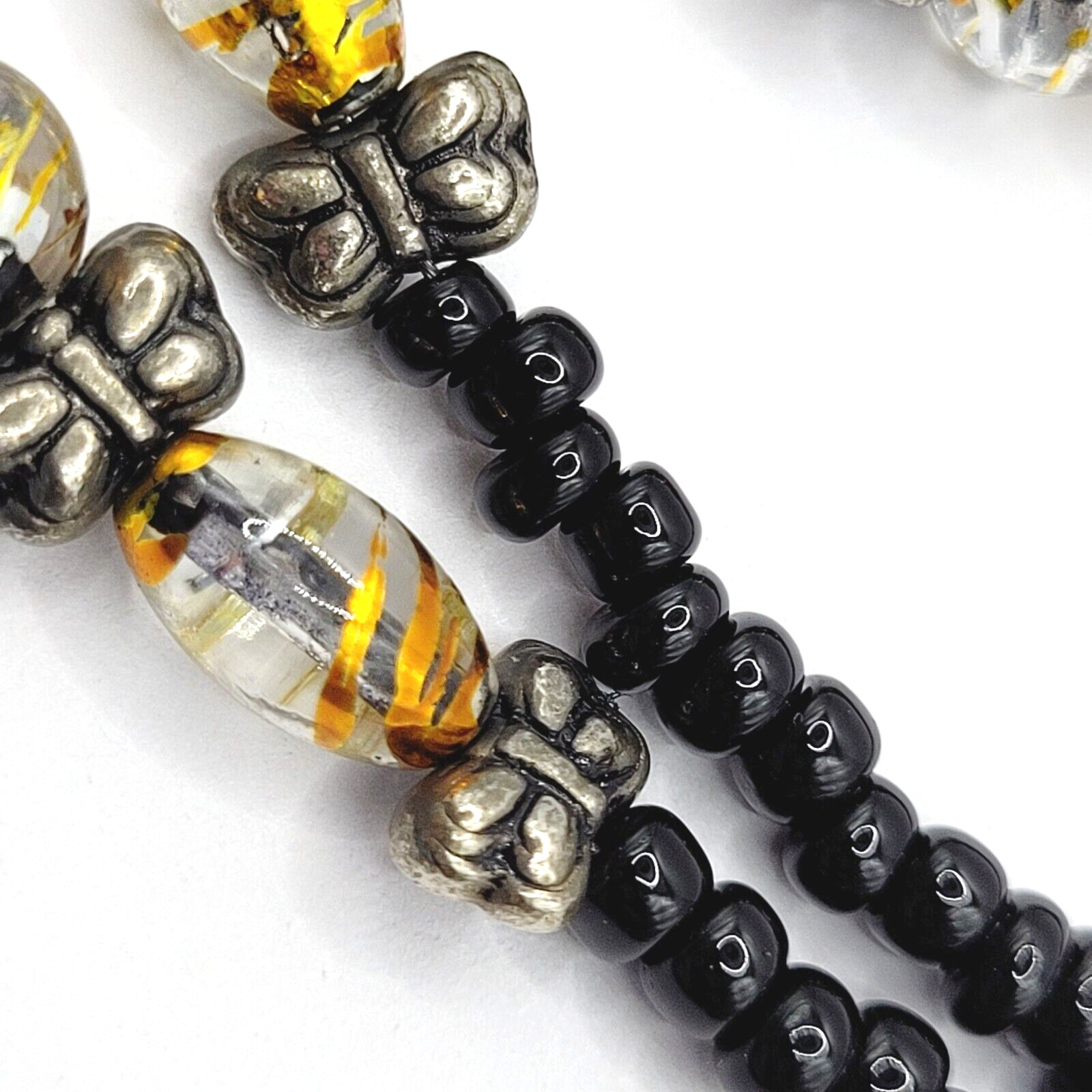 Handcrafted Art Glass Splatter Bead w Black Silver Tone ID Badge Holder Necklace