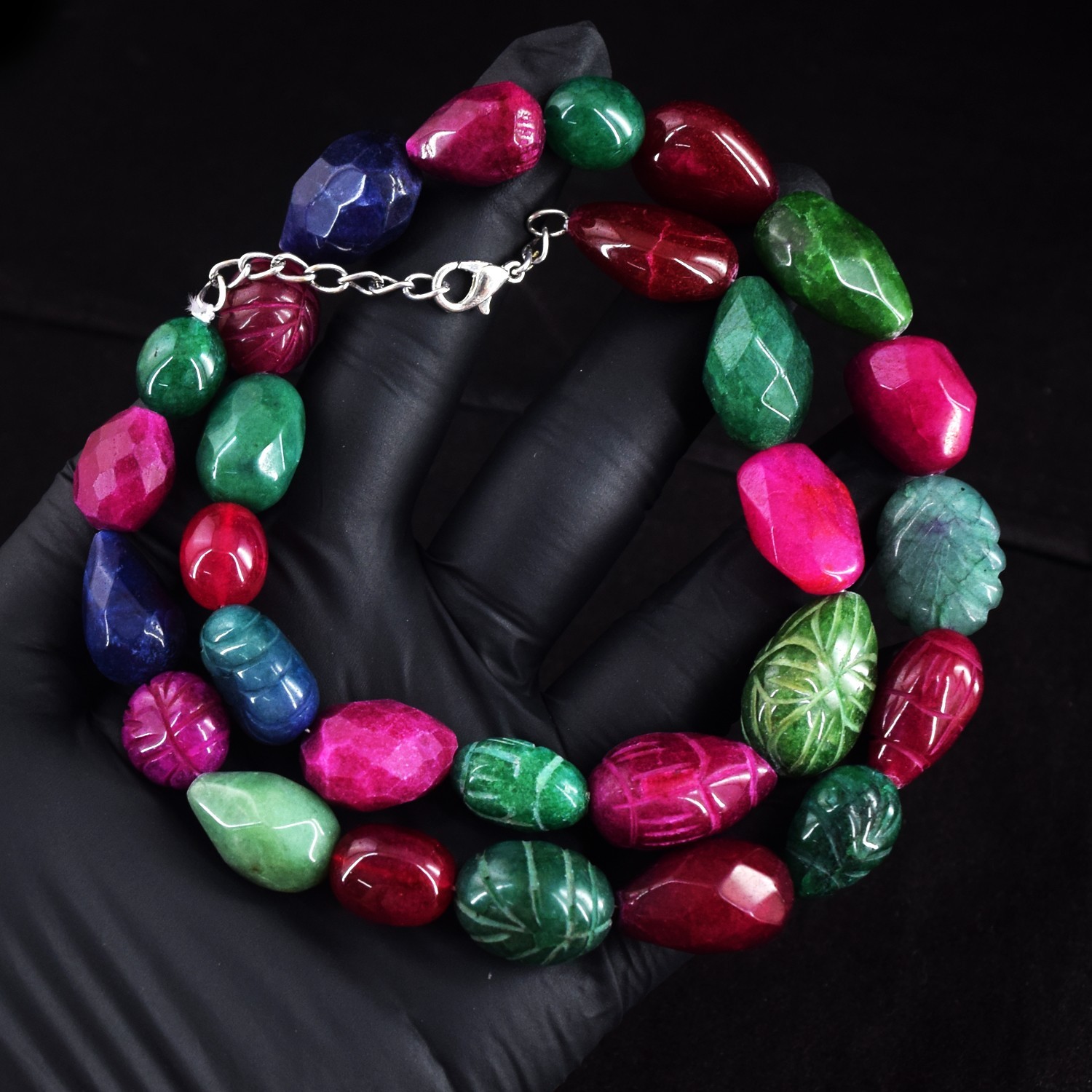 20 Inches Ruby ,Emerald & Sapphire 512.00 Cts Beaded Necklace Jewelry RK 47 E803