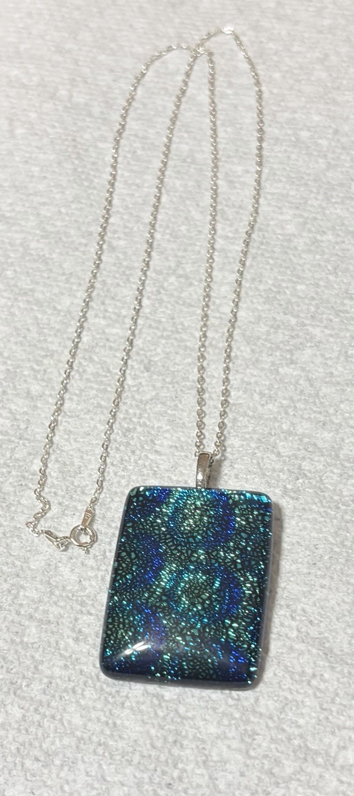 Teal Dichroic Glass Pendant Necklace with 24” 925 silver chain
