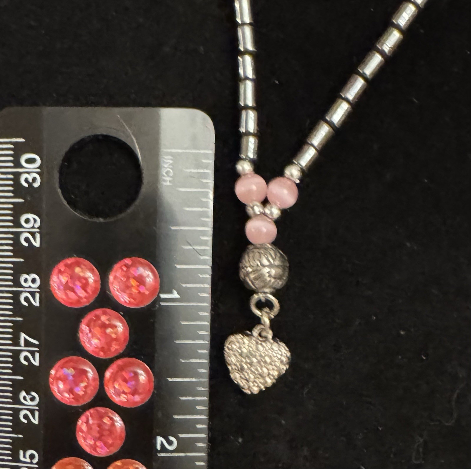 Heart Charm Necklace, Hematite Beaded Pink Stones, Dark Silver, Choker Style NEW