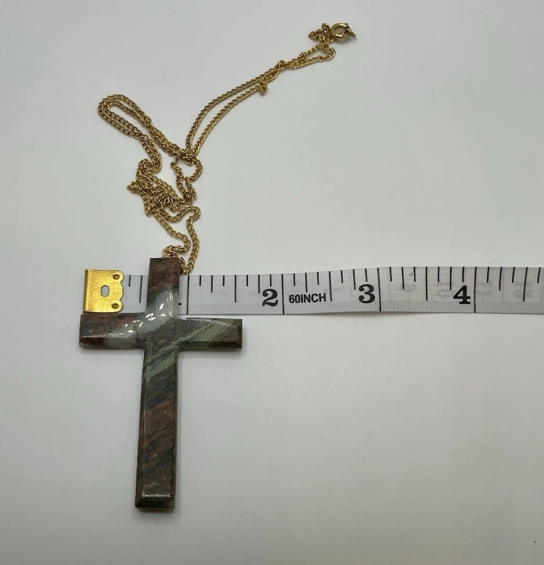 Hand Carved Jasper Stone Cross Pendant Necklace 2 1/2″ Gold Tone 24” Chain 14g