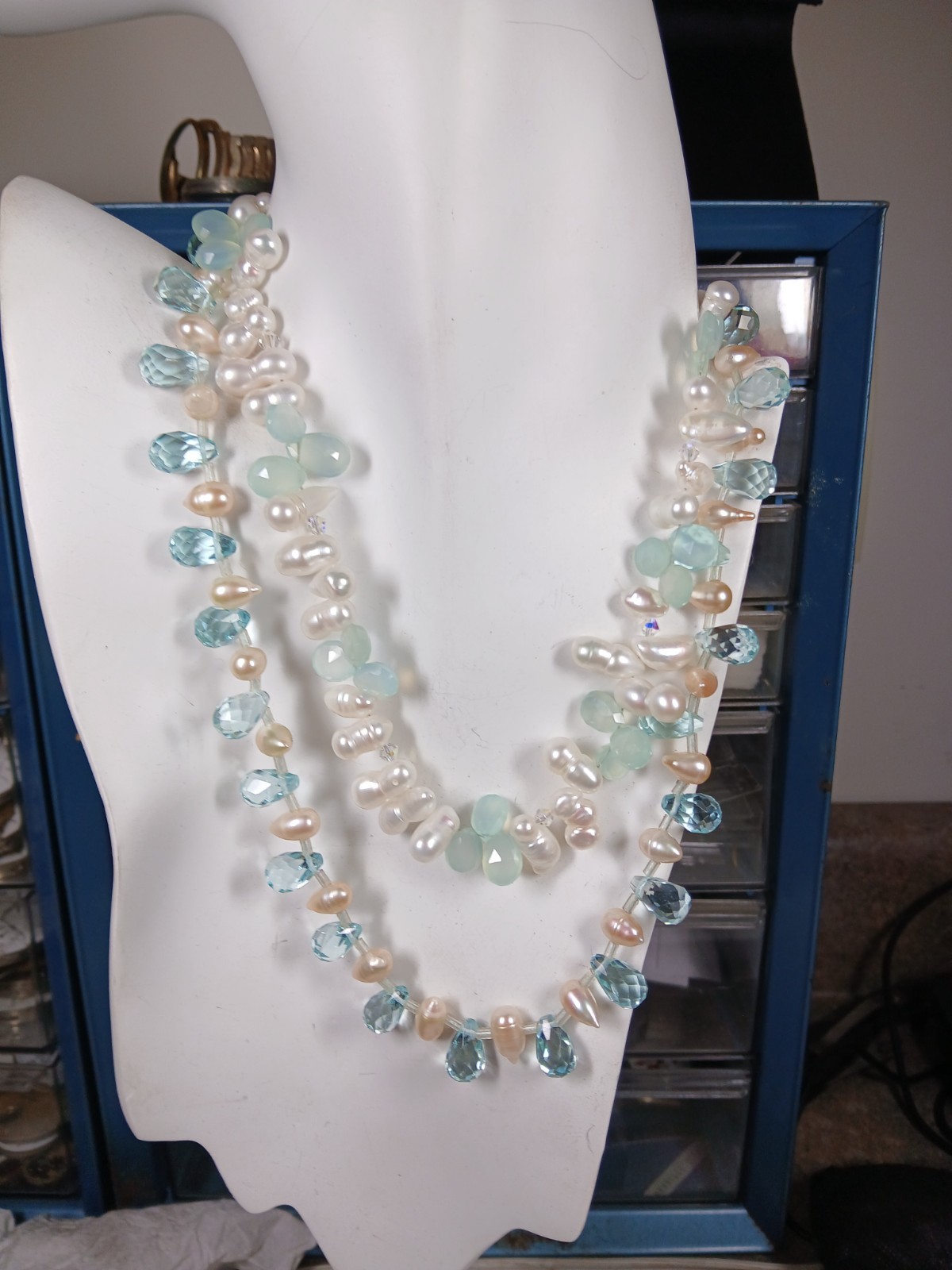 Pair of Real freshwater Pearl Aqua blue Glass and Opalite 16 and 17 in Necklaces